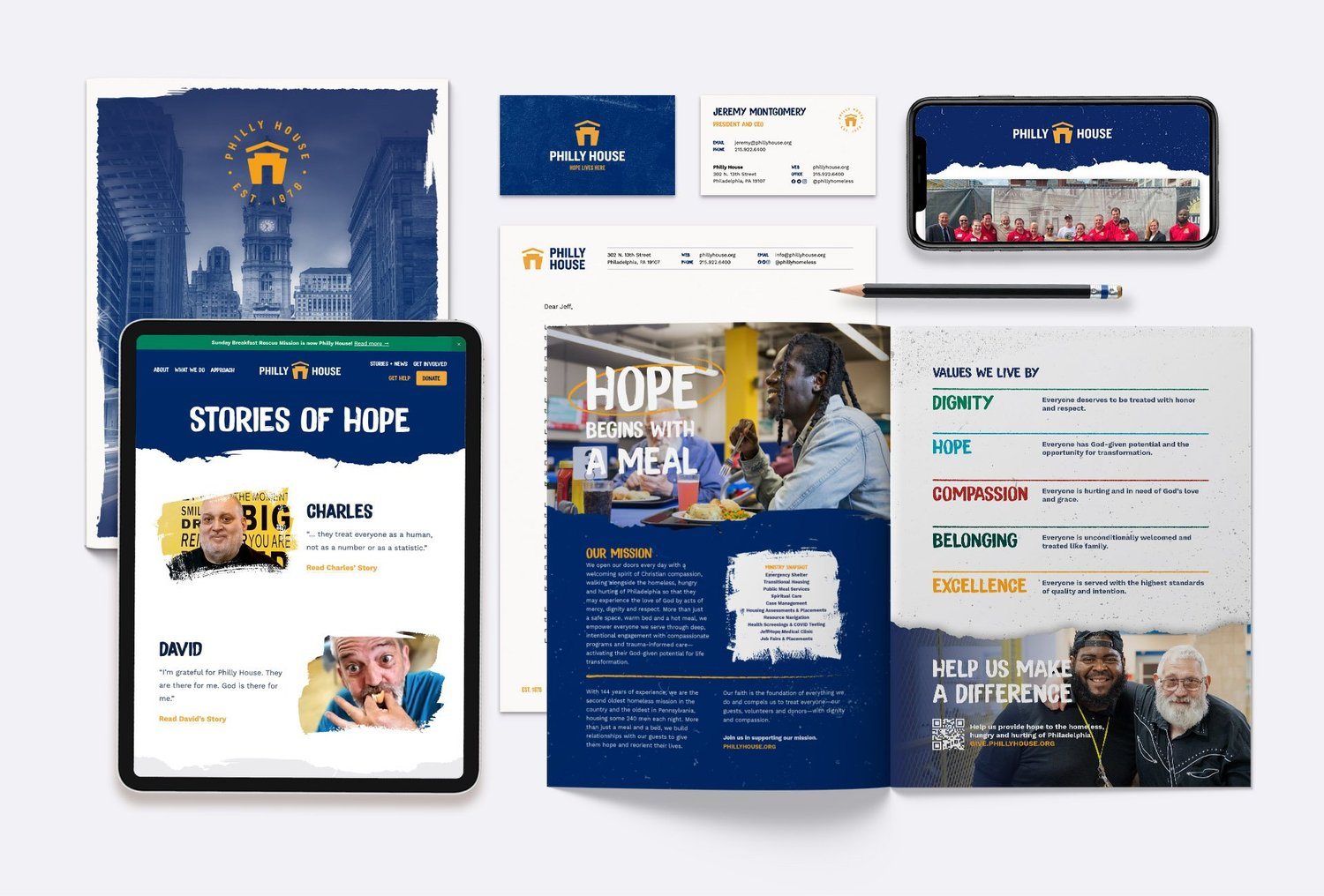 The completed Philly House visual identity system: logo, colors, typography and collateral