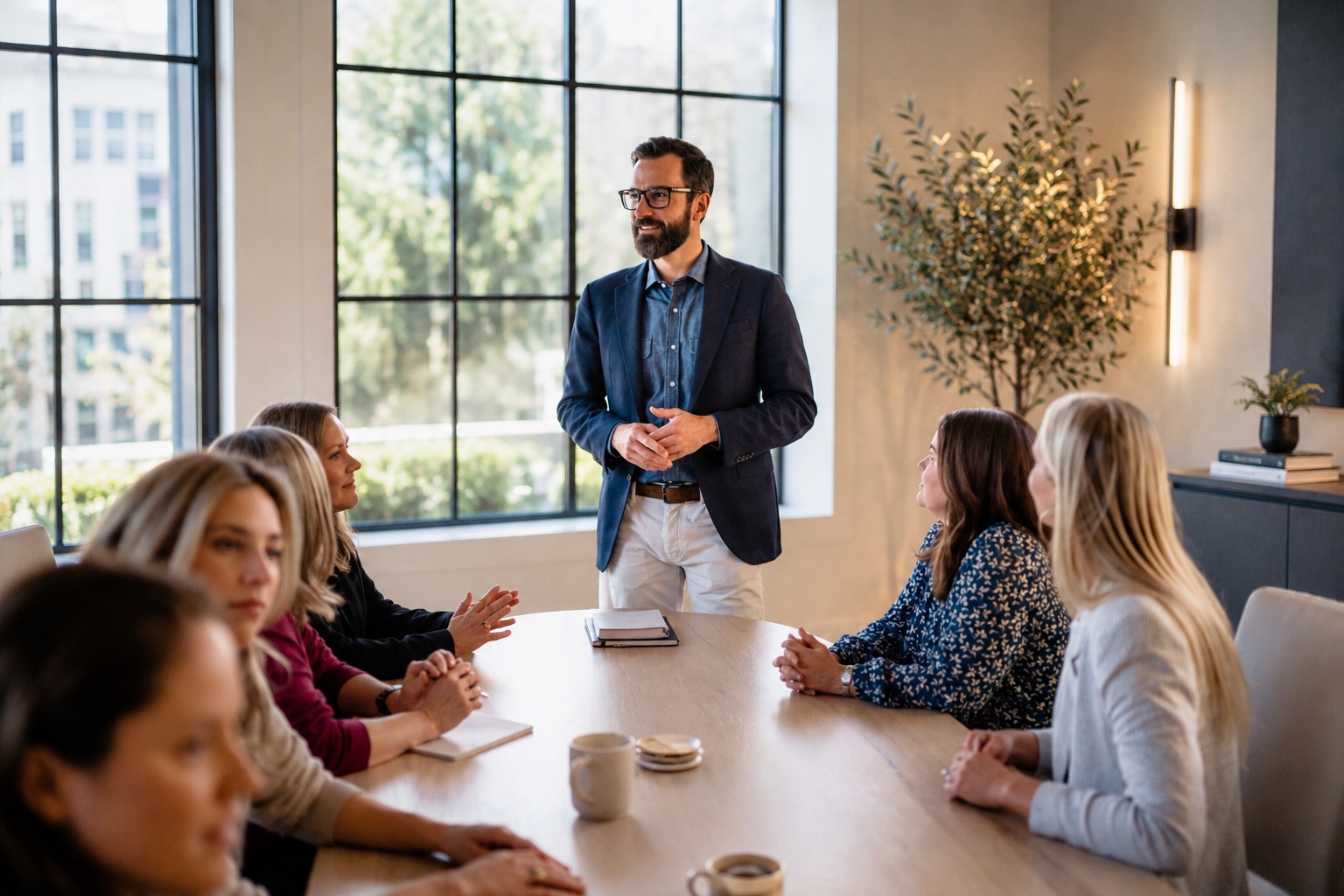A Guardian team member leading a conversation with engaged colleagues around a conference table
