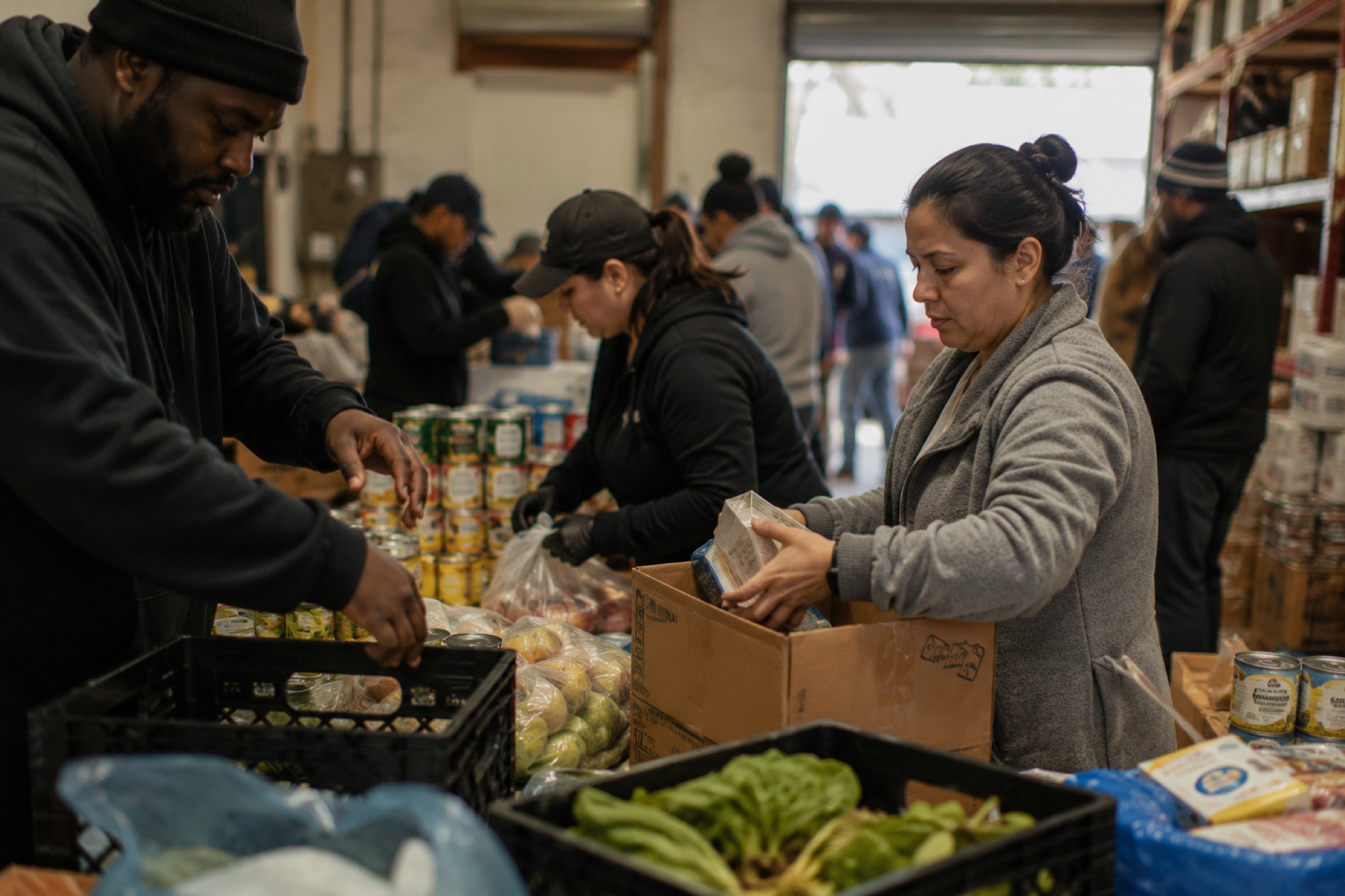 Volunteers sorting food donations at a community food bank