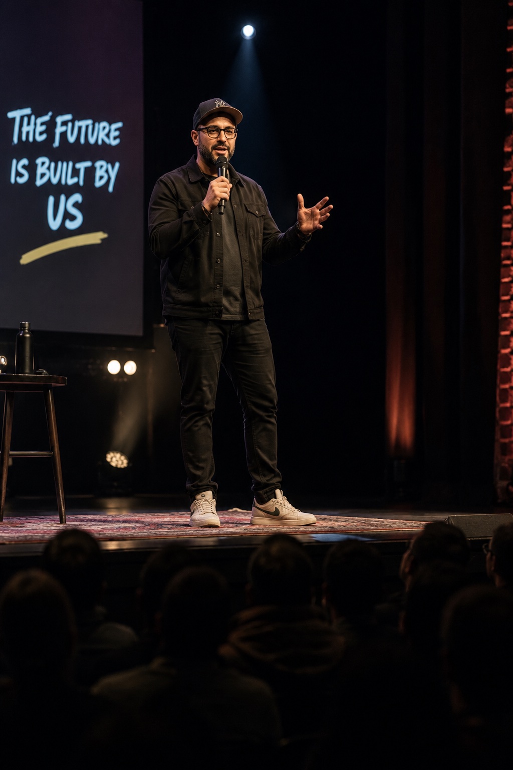 A speaker on stage before a full audience